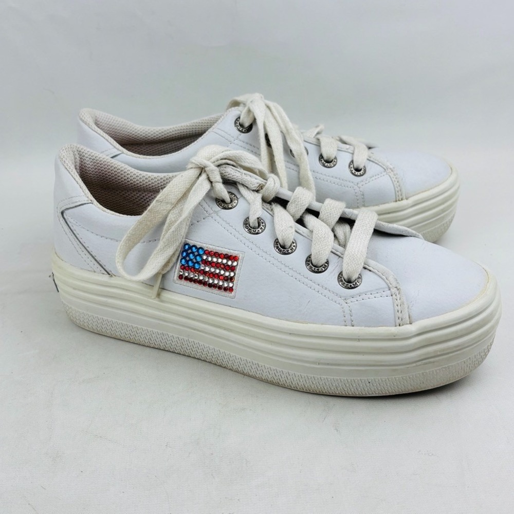 Steve Madden Bravest Platform Sneaker Bling USA Flag Womens 8 White Leather Y2K
